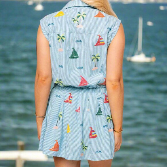 NWT Queen of Sparkles Blue Stripe Sail Boat & Palm Tree Icon Cotton Tie Dress - Picture 7 of 8